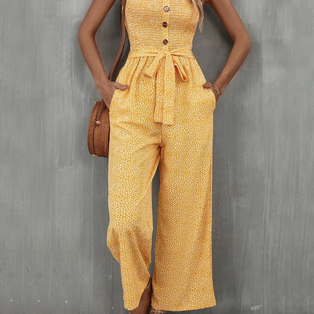 Yellow Boho Womens Allover Print Pocket Side Belted Tube Jumpsuit - Picture 9 of 9